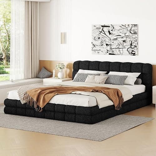 SOFTSEA Queen Size Upholstered Platform Bed Frame, Fleece Fabric Floor Platform Bed with Soft Headboard, Queen Grounded Bed Frame with Wood Slats for Kids Teens Adults, Easy Assembly (Black) - Image 1