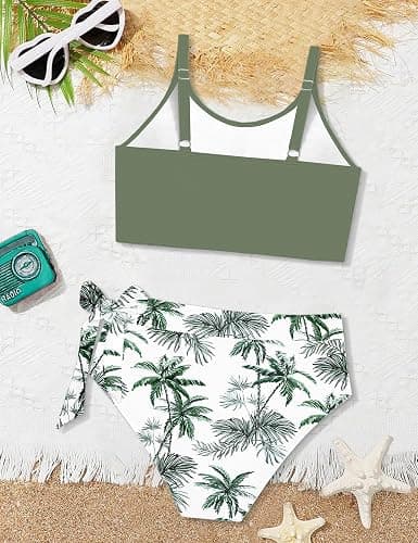 ADIRUN Girl Swimsuit Bikini Set Tropical Print Bathing Suit Two Piece Girls' Swimwear with Tie Side Knot 7-14T thumbnail 6