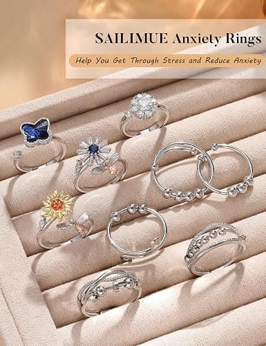 sailimue Anxiety Ring Fidget Ring for Women Men Spinner Fidget Rings for Anti Anxiety Adjustable Open CZ Flower Bead Stress Relieving Spinning Rotatable Rings 9 Pcs thumbnail 2