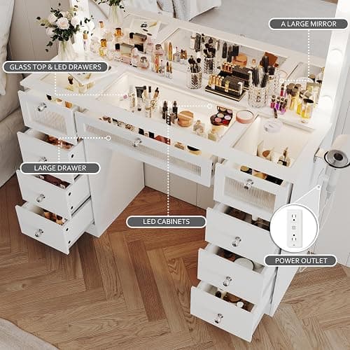 IFSEB Makeup Vanity Desk with Lights and Large 36.9’’ Mirror, 9 Drawers Light Up Vanity with 3 Color Hollywood Bulbs, Glass Top Make Up Table with Charging Station & Crystal Knobs for Woman, White thumbnail 3