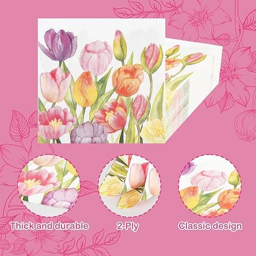 100 Spring Flowers Luncheon Napkins Watercolor Tulip Paper Hand Napkins 6.5 Inch Floral Garden Party Beverage Napkins for Baby Shower Wedding Easter Party Supplies thumbnail 3