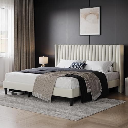Yaheetech King Bed Frame Upholstered Platform Bed with Fabric Headboard, Wing Edge Design/Non-Slip and Noise-Free/Wooden Slats Support/No Box Spring Needed/Easy Assembly, Ivory King Bed thumbnail 3