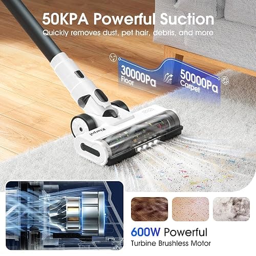 Cordless Vacuum Cleaner, 600W 50KPA 70Mins Runtime Fast Charging Vacuum Cleaner, Self-Standing LED Light Touch Screen Stick Vacuum for Home Light Weight,for Pet Hair/Carpet/Floor, White thumbnail 2