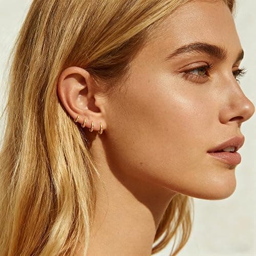 Gokeey Small Gold Huggie Hoop Earrings Set for Women 14K Gold Plated Hypoallergenic Lightweight Earrings for Sensitive Ears Everyday Earrings Sets for Multiple Piercing Cartilage Hoop Earrings Stack Jewelry thumbnail 2
