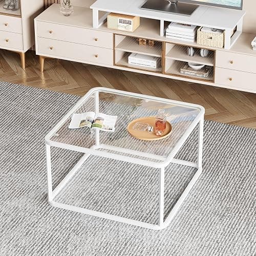 Coffee Table Glass, Minimalist Square Tables for Living Room, Modern Center Table for Office or Small Space, Sturdy Metal Frame, Easy Assembly, 26.4 x 26.4 x 15.7 Inches, White thumbnail 6