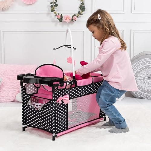 Doll bed with integrated high chair, changing table, mobile, black, pink | changing table, mobile, clothes hanger, doll accessories for sleeping thumbnail 5