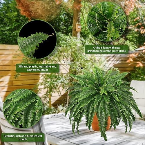 FOREST PRINCE Faux Ferns for Outdoors Large, Set of 2 Bouquets 43" Artificial Boston Plants 59 Fronds for Decoraction Garden Home Windowsill Yards thumbnail 4