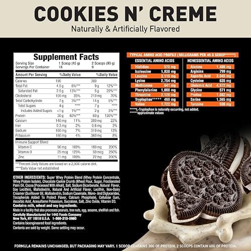 Body Fortress Super Advanced Whey Protein Powder, Cookies N’ Creme, 60g Protein & 12g BCAAs Per 2 Scoops, Muscle Gain & Recovery, Immune Support with Vitamins C & D, 1.78lbs (Packaging May Vary) thumbnail 2