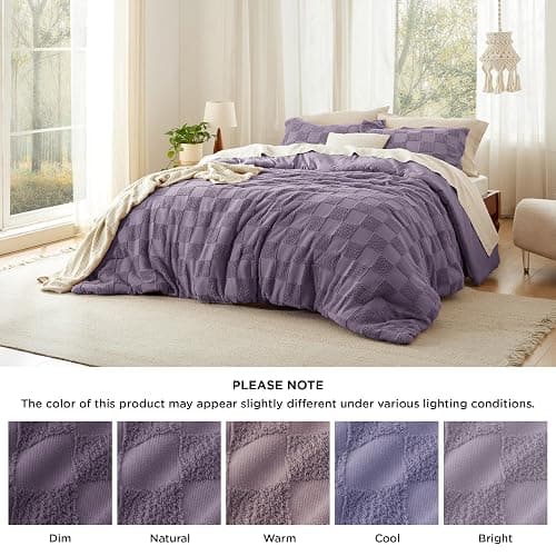 Bedsure Queen Size Comforter Set Grayish Purple, Boho Tufted Bed Set, Checkered Farmhouse-Style Distressed Vintage Bedding, 3 Pieces, 1 Plaid Geometric Comforter and 2 Pillow Shams thumbnail 7
