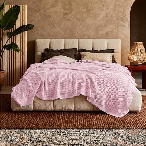 Bedsure 100% Cotton Blanket Full Size for Bed - Cooling Breathable and Soft for Summer, Thick Cozy Waffle Weave Blanket Gifts for Women, Pink, 80x90 Inches thumbnail 4