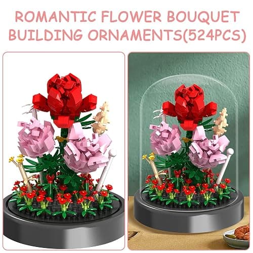 QIFUN Flower Bouquet Building Kit, 524 Pcs Mini Bricks Building Blocks Sets, Forever Rose Decorated Flower with Dust Cover, Valentine's Day Gifts for Her Mom Women (Rose Flower) - Rose Flower thumbnail 4