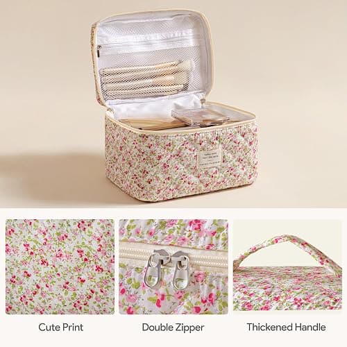 HBselect Quilted Makeup Bag, 3PCS Cotton Large Travel Makeup Bag, Cute Floral Coquette Make up Bag Cosmetic Bag Toiletry Bag for Women Girls thumbnail 3