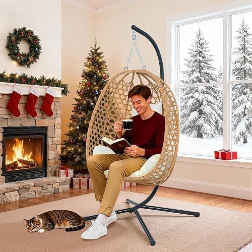 EortheX Hanging Egg Chair with Cushions – Comfortable Rattan Swing Chair with Stand for Patio, Garden, or Balcony – Stylish and Relaxing Outdoor Lounge Chair, 350LBS Capacity Indoor Outdoor (Beige) thumbnail 3