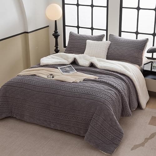 COTTEBED Reversible Sherpa Fluffy Comforter Queen Set, Boho Tufted Bedding Down Blanket Comforter Set, Ultra-Soft Washed Cotton Shabby Plush Fleece Sherpa Thick Warm for Winter Autumn, Grey Full Queen - Image 1