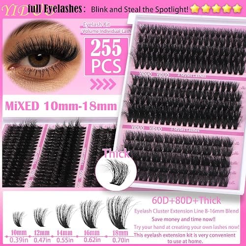 YlDUO Lashes Clusters Kit 7 style Mix Clusters Eyelashes Extensions 835Pcs C-Curl Volume Lashes Clusters Kit 9-18mm Wispy DIY Individual Fake Eyelash Extensions Kit DIY at Home Easily thumbnail 3