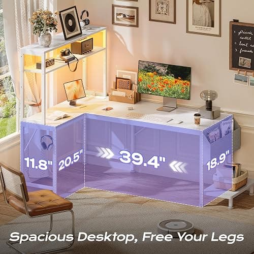 PRAISUN L Shaped Gaming Desk with LED Lights & Power Outlets | Reversible Computer Desk with Storage Shelves & Bag, Large Corner Home Office Desk with Pegboard for Work from Home, White thumbnail 5