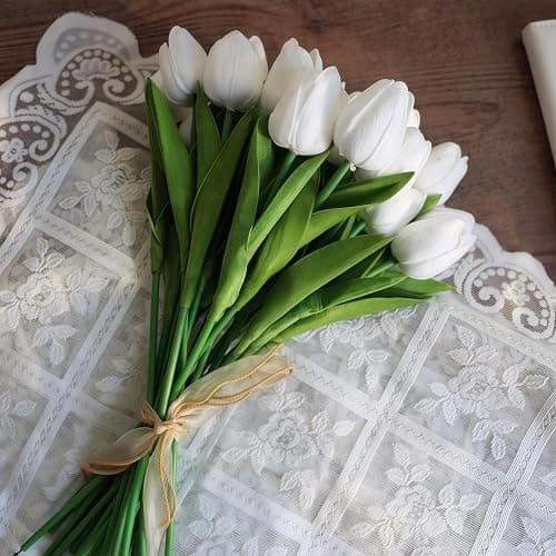 FUNZON 20 PCS Tulips Artificial Flowers, Real Touch Fake Flowers, White Artificial Tulips That Look Real Wedding Decorations Mother's Day Easter Gifts (20, White) thumbnail 3