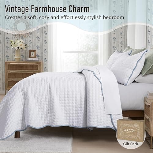 WDCOZY White Queen Size Quilt Bedding Set, Scalloped Farmhouse Country Rustic Lightweight Soft Coverlet, Cute Cozy Kantha Pick Stitch Bedspread, 2 Pillow Shams, Blue Edge White Stitching thumbnail 2