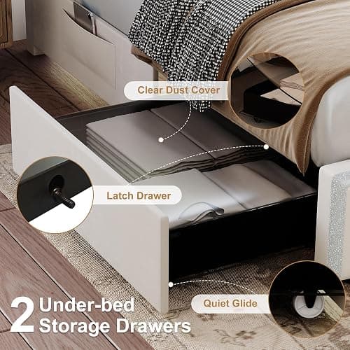 Torana Queen LED Bed Frame with 2 Drawers, Soft Velvet Platform Bed with Diamond Tufted Headboard Footboard and 2 Side Pockets, Mattress Foundation with Wooden Slats Support No Box Spring Needed Cream thumbnail 6