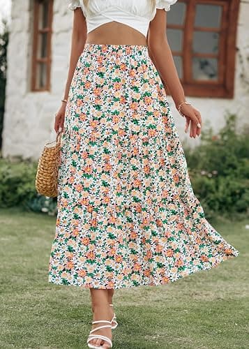 KIRUNDO Women's 2025 Fall High Waist Boho Floral Maxi Skirt Trendy Casual Flowy Swing Pleated A Line Beach Long Skirts thumbnail 5