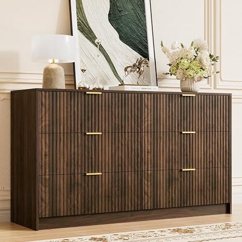 Furniway Walnut Dresser for Bedroom, Modern Dresser with 6 Drawers and Smooth Slides, Wide Chest of Drawers with Golden Handles for Bedroom, Living Room, Closet, 15.7" D x 55.1" W x 31.4" H - Image 1