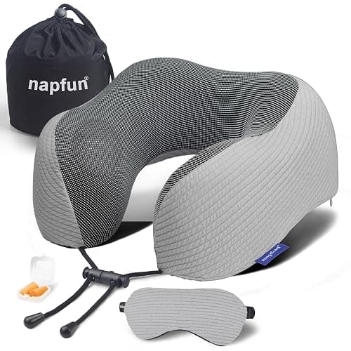 napfun Neck Pillow for Traveling, Upgraded Travel Neck Pillow for Airplane 100% Pure Memory Foam Travel Pillow for Flight Headrest Sleep, Portable Plane Accessories, Striped Light Grey Set - Image 1