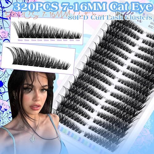 Pleell Lash Clusters 320 Pcs Individual Lashes Clusters 7-16 MM Cat Eye Wispy Eyelash Clusters D Curve 80D Cluster Eyelash Extensions Easy DIY Lash Extension at Home thumbnail 2