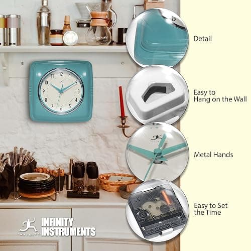Infinity Instruments Retro – 9-Inch Square Silent Non-Ticking Mid-Century Modern Wall Clock – Vintage Decorative Timepiece for Kitchen, Office, or Diner – Turquoise thumbnail 7