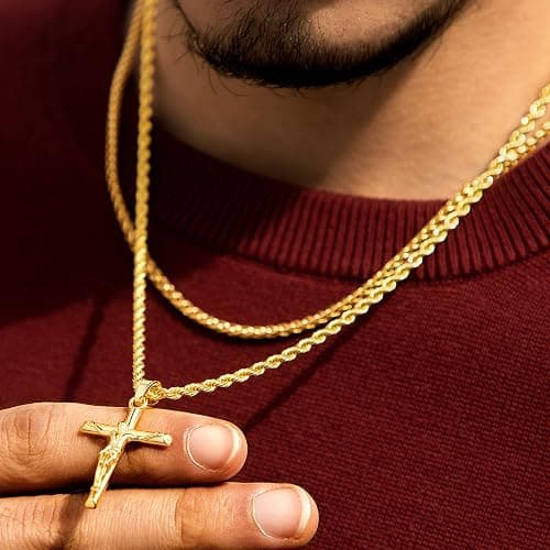 HELLOICE Crucifix Cross Necklace 18K Gold Plated Cross Pendant with 3mm 22" Rope Chain for Men Women thumbnail 4