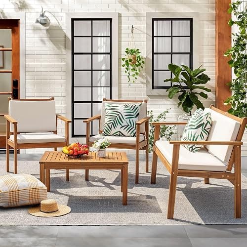 Flamaker Patio Furniture 4 Piece Outdoor Acacia Wood Patio Conversation Sofa Set with Table & Cushions Porch Furniture for Deck, Balcony, Backyard thumbnail 2
