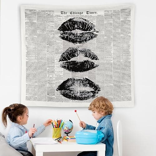 WNAGT Vintage the Chicago Times Newspaper Tapestry Wall Hanging, Retro Chic Black and White Minimalist Kiss Lips Wall Blanket Decor for Girls Bedroom Dorm Apartment Home, 50x60 Inch thumbnail 5