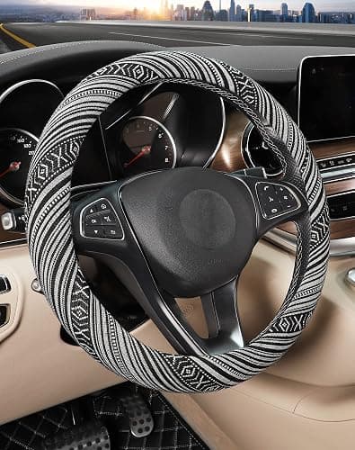 SEG Direct Boho Steering Wheel Cover with Baja Blanket Cloth, Ethnic Style Auto Wheel Cover Made of Coarse Flax, Fits 14 1/2-15 1/4 inches Car Wheel - Image 1