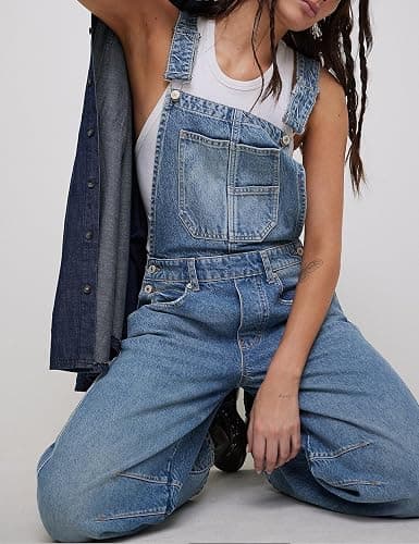 Qazel Vorrlon Denim Overalls for Women Barrel Wide Leg Bib Baggy Jeans Adjustable Denim Romper Stretch Jumpsuit Y2K Pants thumbnail 4