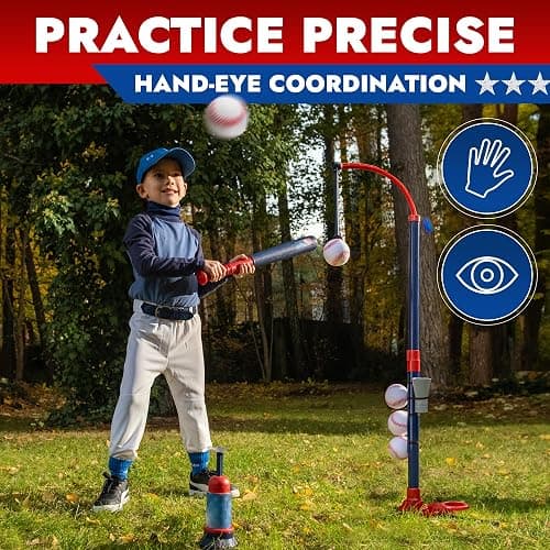 3-in-1 Baseball Set for Kids and Toddlers Ages 3-5 – Includes Tee Ball Stand, Hanging Tee, Automatic Ball Launcher, and 6 Softballs – Adjustable Height for Indoor/Outdoor Play – Sports Gift for Boys thumbnail 9