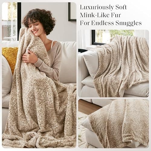 Madison Park Zuri Soft Plush Luxury Oversized Faux Fur Throw Animal Stripes Design, Faux Mink On The Reverse, Modern All Seasons Blanket for Bed, Sofa Couch, Office, Leopard, 60x70 thumbnail 4