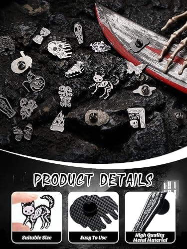 BBTO 20 Pieces Enamel Pins Skull Spooky Skeleton Enamel Pins Set Black Decorative Cartoon Goth Skull Horror Dark Brooch Cute Lapel Buttons for Jacket Backpack Hat Halloween thumbnail 2