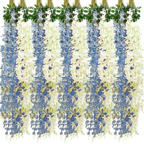Giegxin 24 Pcs Artificial Wisteria Hanging Flowers 3.6 ft Artificial Fake Wisteria Vine Rattan Hanging Garland Silk Flowers String for Wall Home Wedding Party Greenery Decorations (Blue,White) thumbnail 2