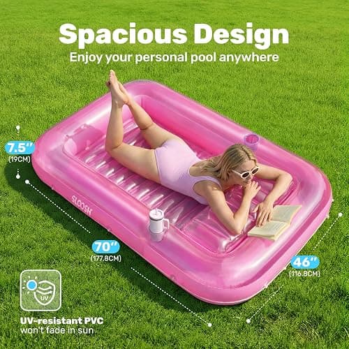 SLOOSH Inflatable Tanning Pool Lounger Float, 70" x 46" Pool Floats Adult with Pillow, 4 in 1 Suntan Tub Raft Floatie,Sunbathing Bed Lounge for Water Blow Up Kids Ball Pit Party Gifts, L-Pink thumbnail 2