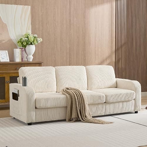 Abbrevi 87.4" Oversized 3 Seater Couch,Upholstered Sofa for Living Room,Modern Deep Seat Comfy Loveseat Couches with Cup Holders, Love Seat Sofa Corduroy (Beige) - Image 1