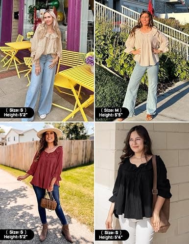 ZESICA Womens Scoop Neck 3/4 Length Sleeve Tops 2025 Casual Tie Front Ruffle Tiered Loose Tunic Shirts Blouses Fall Outfits thumbnail 5