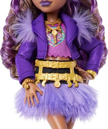 Monster High Doll, Clawdeen Wolf in Purple Moto Jacket and Furry Skirt with Pet Wolf Pup Crescent and 7 Accessories Like Book, Croissant and Purse thumbnail 4