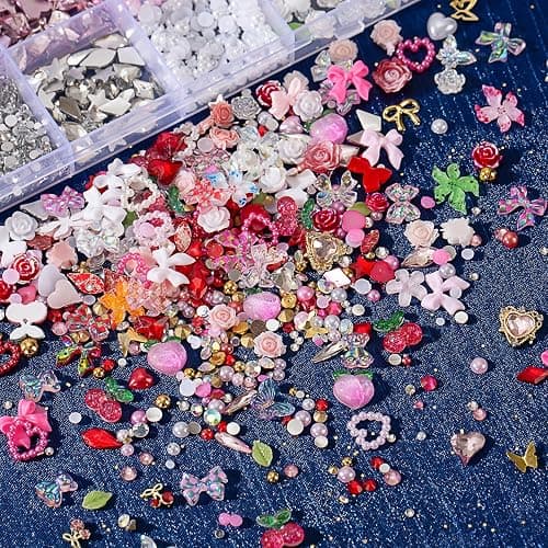 28 Grids Nail Charms Kit with Rhinestones for Nails, 3D Kawaii Bows, Cherry, Flowers, Butterfly. Red Pink Gold Nail Gems, Pearls & Metal Studs. DIY Manicure Art Supplies with Wax Pen & Tweezers thumbnail 6