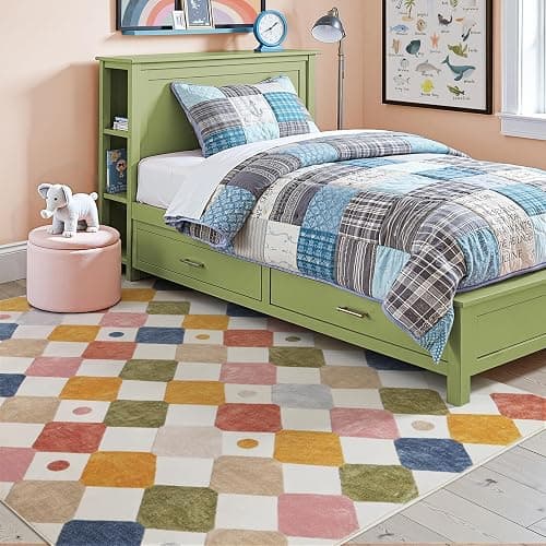 jinchan Macy 5x7 Area Rug for Kids Room Modern Colorful Checkered Diamond Nursery Rug Indoor Washable Soft Non Slip Carpet for Playroom Classroom Bedroom Dorm Daycare Living Room Circus on Cream thumbnail 3