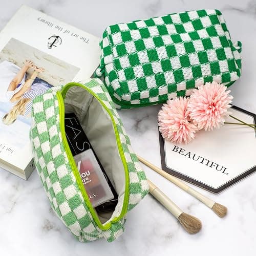 Checkered Makeup Bag for Purse, Small Travel Cosmetic Pouch,Light Green | Cute Zipper Makeup Organizer for Women, Travel Essentials, Toiletries, Makeup Brushes, Beauty Accessories&Bridesmaid Gifts thumbnail 2