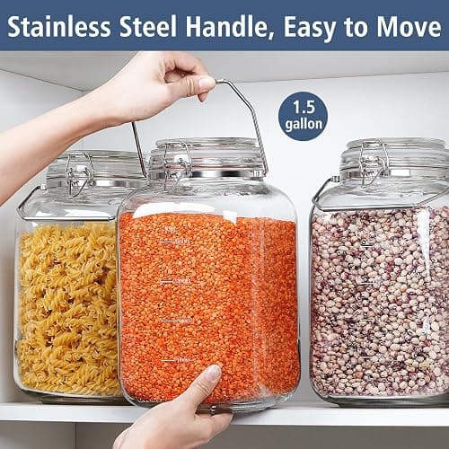 Folinstall 2 Pack 1.5 Gallon Glass Jar with Airtight Lid, 192 oz Square Wide Mouth Mason Jars with Stainless Steel Handle, Large Glass Storage Containers for Canning, Flour, Sugar, Rice, Pickled Eggs thumbnail 6