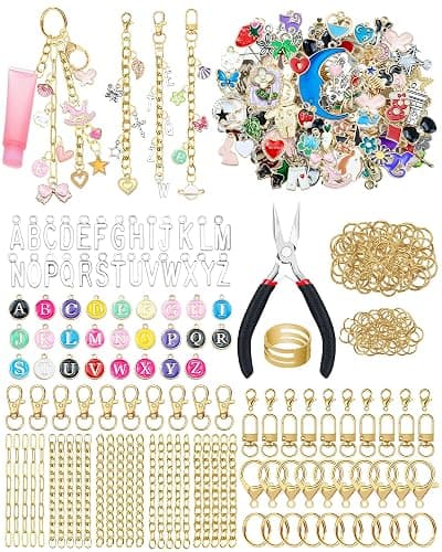 FIVEIZERO 359Pcs Charms Lip Gloss Keychain Making Kit, Charm Making Kit, Bag Charm Kit, Keychain Clips, Lobster Clasps, Jump Rings, Extender Chain & Tools, Keychain Charms for DIY and Jewelry Making - Image 1