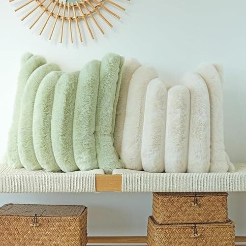 JOJUSIS Pack of 2 Faux Fur Plush Decorative Throw Pillow Covers Couch Cushion Case Soft Fluffy Pillowcases Wide Stripe (Sage Green, 20 x 20 Inch) thumbnail 3