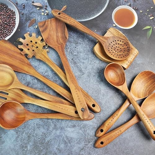 Wooden Spoons for Cooking,11 Pcs Wooden Utensils for Cooking Wooden Kitchen Utensils Set with Holder (11 PCS) thumbnail 2