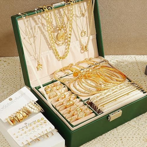 17 MILE 78 Pieces Gold Jewelry Set for Women, 9 Necklace, 24 Bracelet, 22 Earrings, 23 Knuckle Rings Gold Plated Jewerly set for Women Gift thumbnail 8