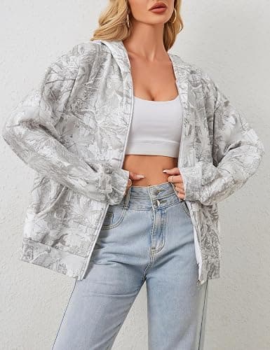ACCPUR Women Camo Hoodie Oversized Fleece Full Zip Up Sweatshirt Casual Long Sleeve Jackets Trendy Fall Clothes With Pockets thumbnail 4